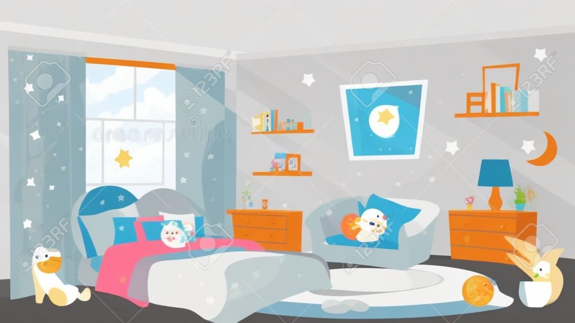 子供の寝室は平らなベクトルのイラストを提供する。窓から柔らかい光を流す月。女の子のアパートのインテリア。クッション付きのかわいいベッドとソファ。壁に装飾的な星と雲