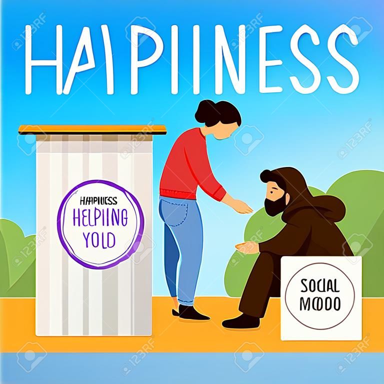 Happiness is helping others social media post mockup. Charity advertising web banner design template. Social media booster, content layout. Promotion poster, print ads with flat illustrations