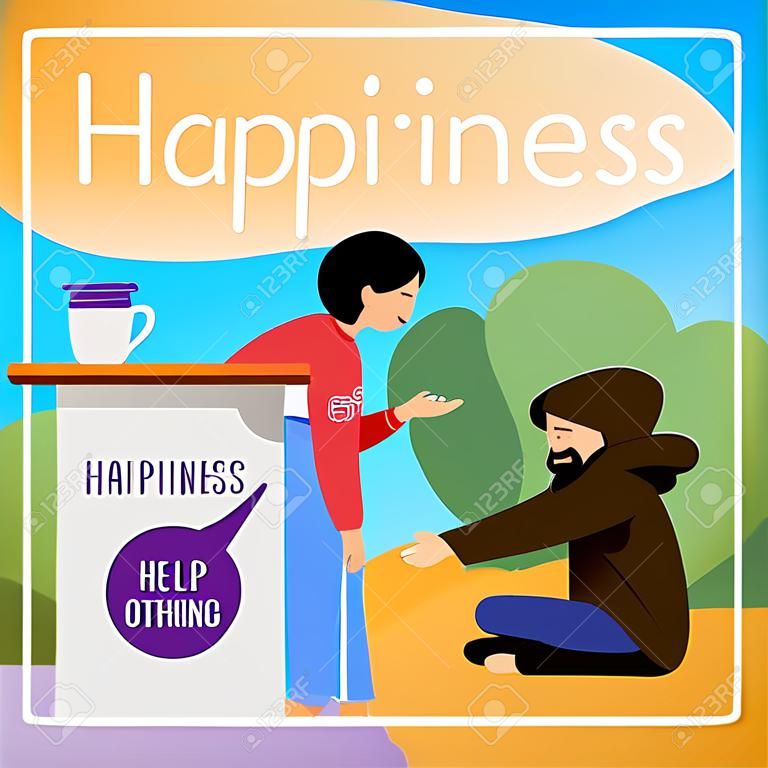 Glück hilft anderen, ein Mockup in den sozialen Medien zu posten. Web-Banner-Design-Vorlage für Wohltätigkeitswerbung. Social-Media-Booster, Inhaltslayout. Werbeplakat, Printanzeigen mit flachen Illustrationen