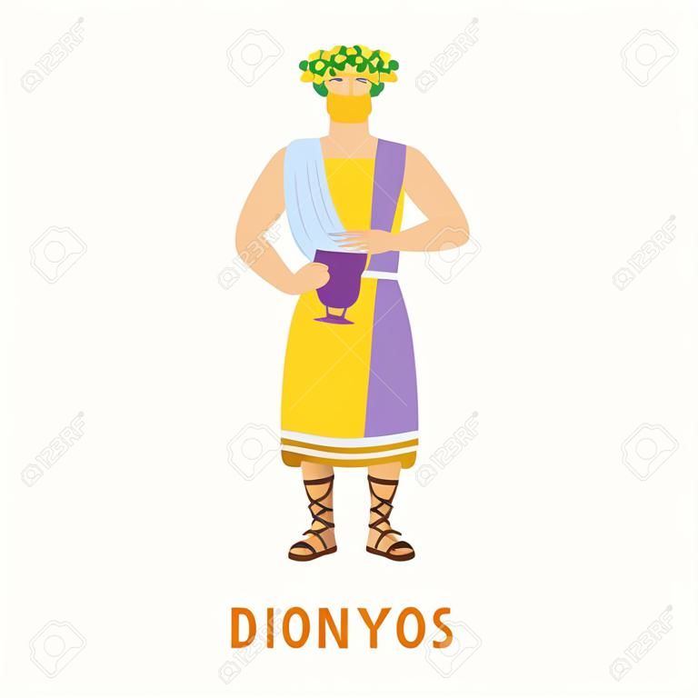 Dionysos flat vector illustration. Dionysus. God of wine and grape harvest. Ancient Greek deity. Mythology. Divine mythological figure. Isolated cartoon character on white background