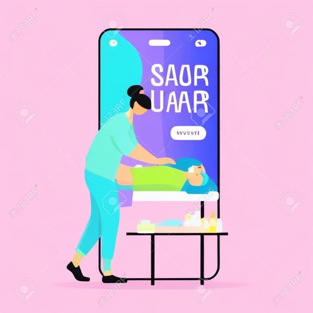 Spa center cartoon smartphone vector app screen. Mobile phone display with masseuse flat character design mockup. Pampering, skin treatment service. Beauty salon application telephone interface