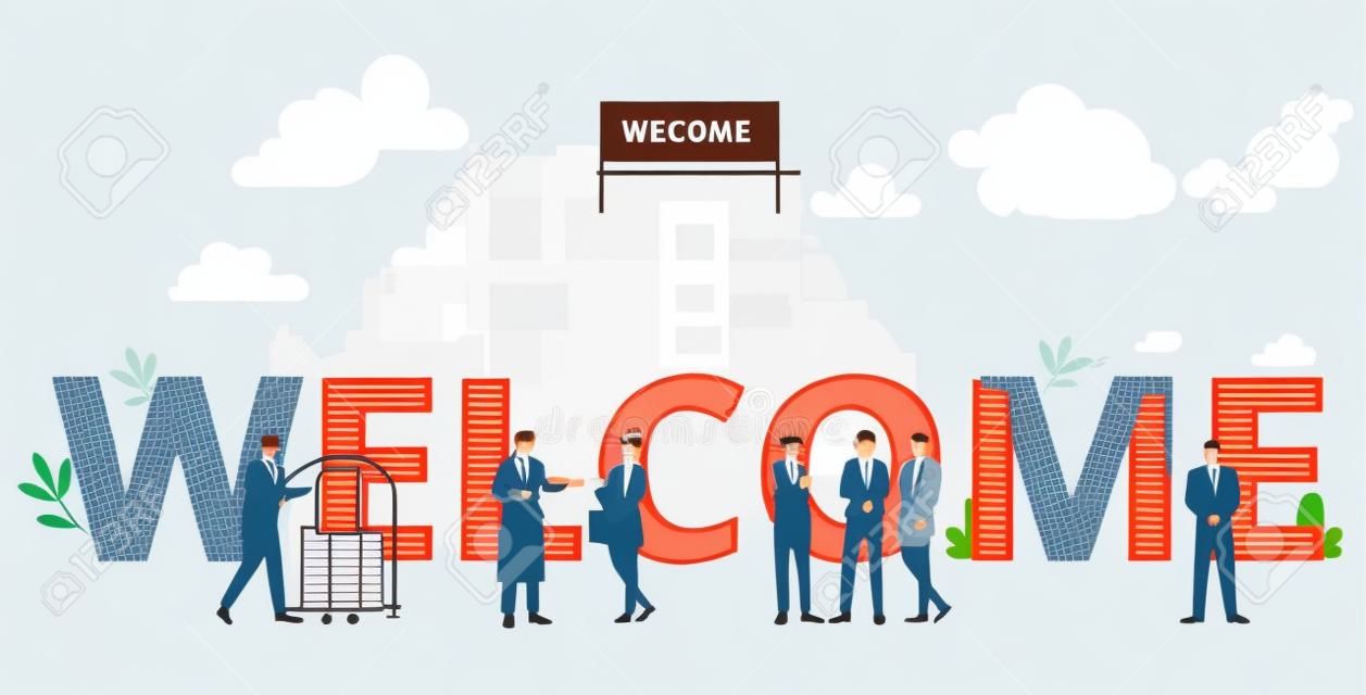 Welcome to hotel flat color vector illustration. Hospitality business, accommodation service. Hall porter, doorman, resort manager. Working staff isolated cartoon characters on white