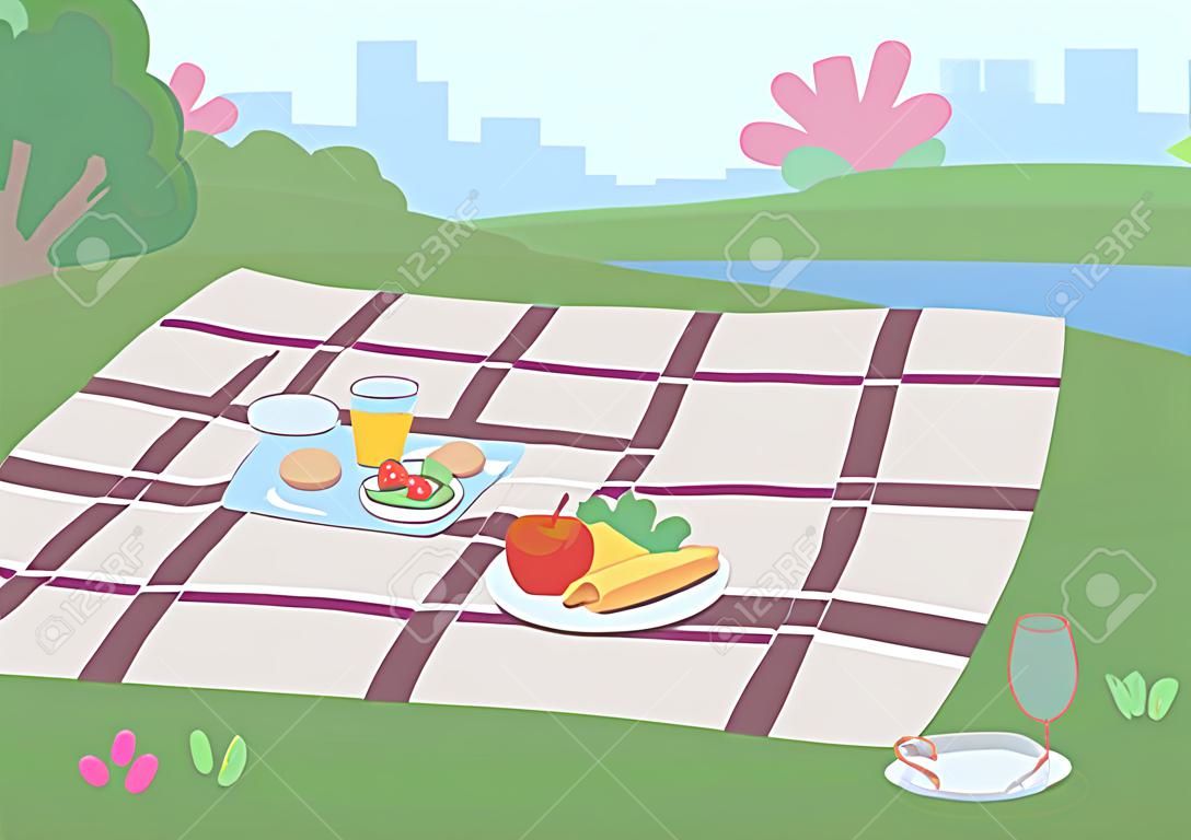 Lugar para la ilustración de vector de color plano de picnic. Manta con comida en plato para cenar al aire libre. Lugar para el ocio en la colina de hierba. Parque paisaje de dibujos animados 2D con paisaje urbano y arbustos en el fondo