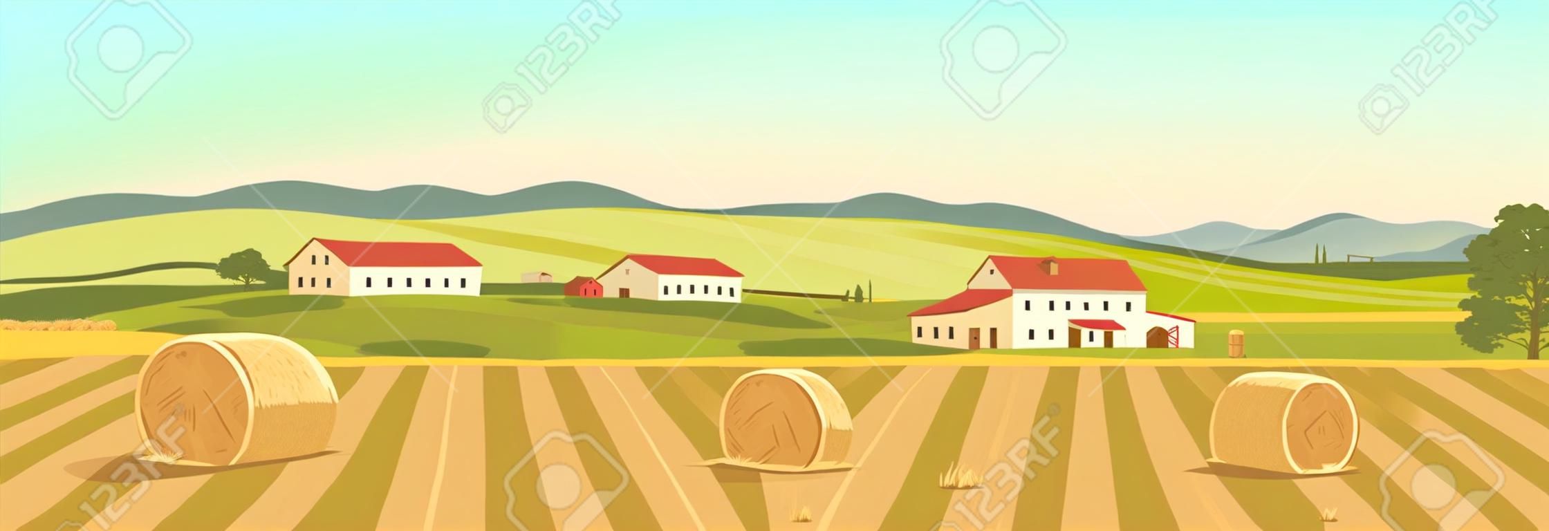 Ferme en illustration vectorielle de couleur plate de campagne. Paysage de dessin animé 2D de terres agricoles avec des montagnes en arrière-plan. Balles de foin sur un champ agricole jaune. Piles de blé en zone rurale