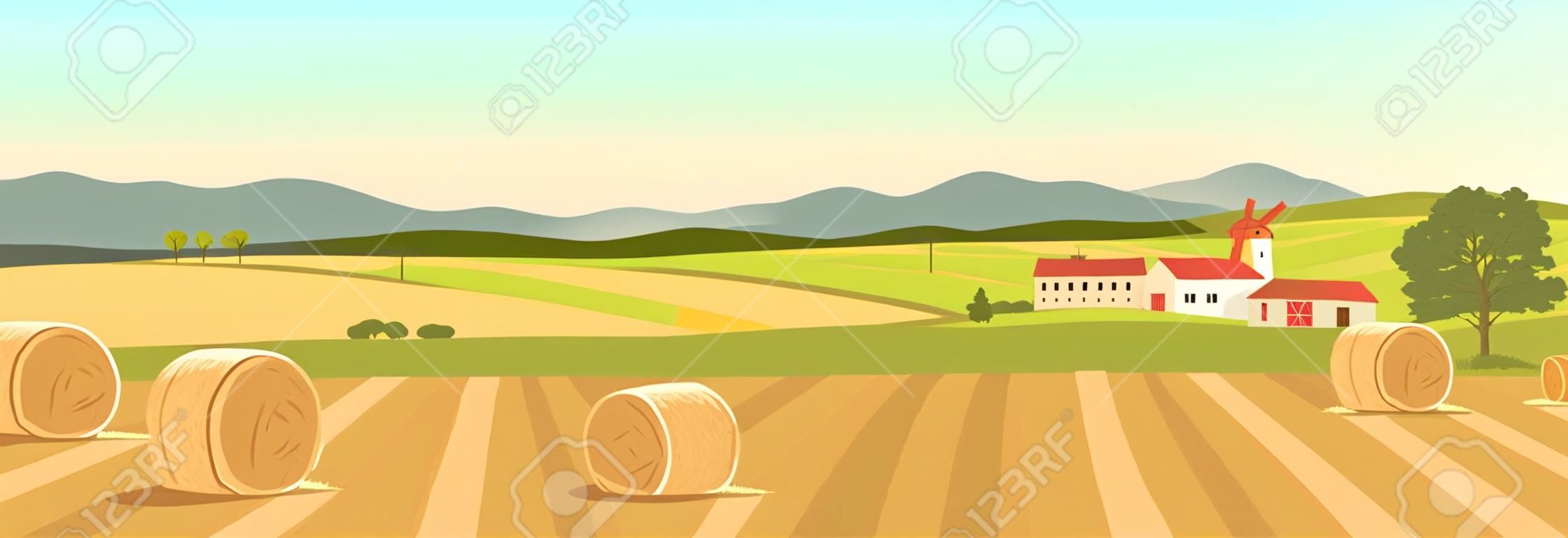 Ferme en illustration vectorielle de couleur plate de campagne. Paysage de dessin animé 2D de terres agricoles avec des montagnes en arrière-plan. Balles de foin sur un champ agricole jaune. Piles de blé en zone rurale