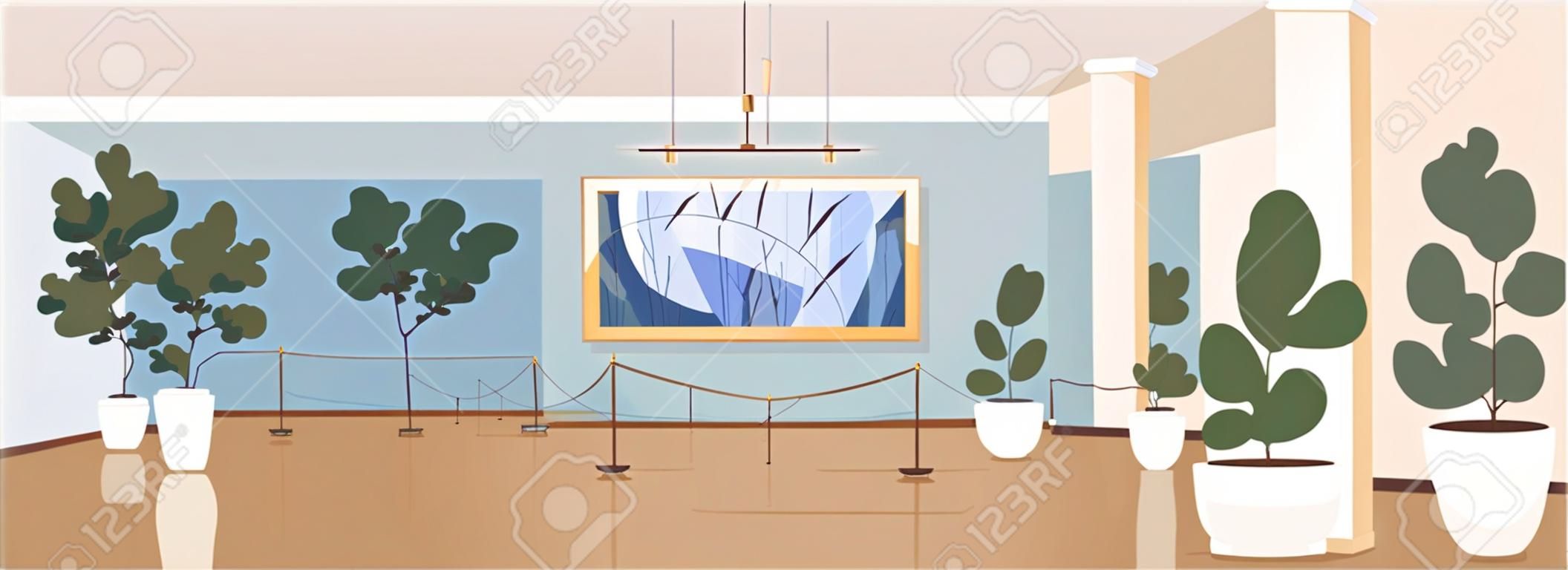 Contemporary art gallery flat color vector illustration. Painting exhibits for excursion. Modern masterpiece showcase. Cultural museum 2D cartoon interior with artwork installations on background