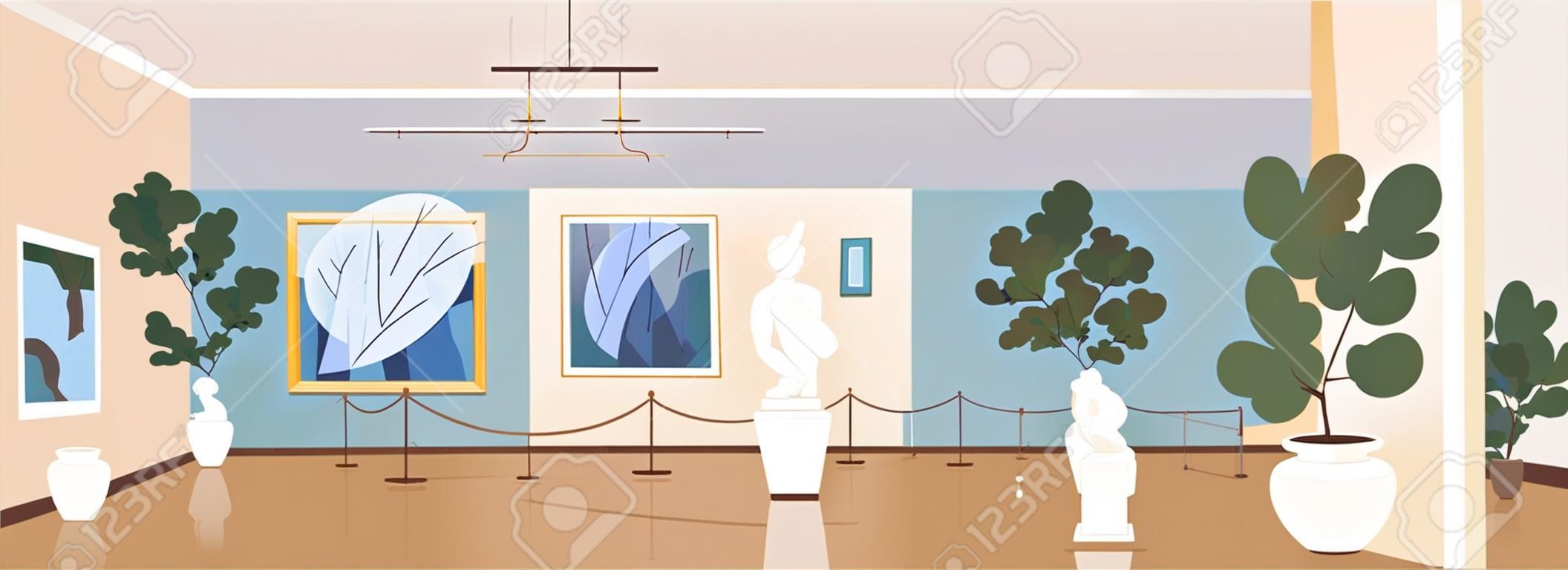 Contemporary art gallery flat color vector illustration. Painting exhibits for excursion. Modern masterpiece showcase. Cultural museum 2D cartoon interior with artwork installations on background