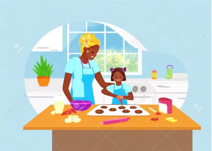 Glückliche afroamerikanische Mutter und Tochter backen Kekse 2D-Vektor-Webbanner, Poster. Flache Familienfiguren auf Cartoon-Hintergrund. Bedruckbarer Patch für die Ostervorbereitung, buntes Webelement