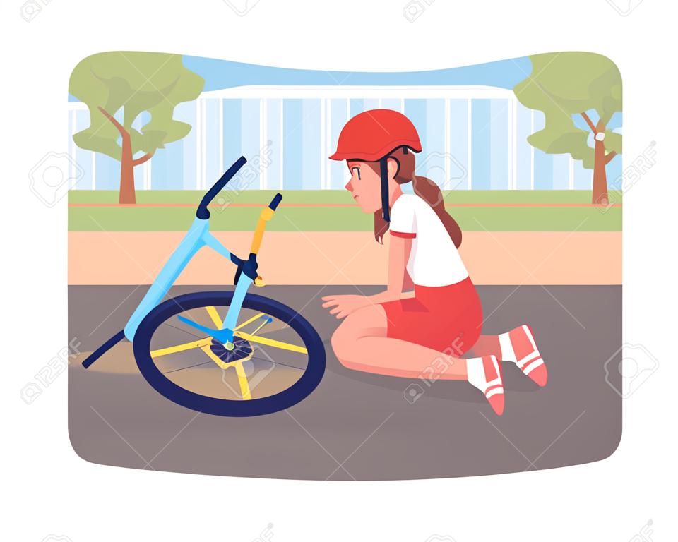 Incidente in bicicletta nell'infanzia 2D illustrazione vettoriale isolato. Bambina piangente caduta dal personaggio piatto della bici su sfondo cartone animato. Scena colorata dell'esperienza del trauma correlato al ciclismo