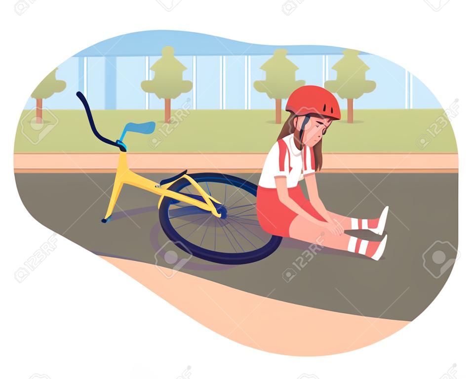 Incidente in bicicletta nell'infanzia 2D illustrazione vettoriale isolato. Bambina piangente caduta dal personaggio piatto della bici su sfondo cartone animato. Scena colorata dell'esperienza del trauma correlato al ciclismo