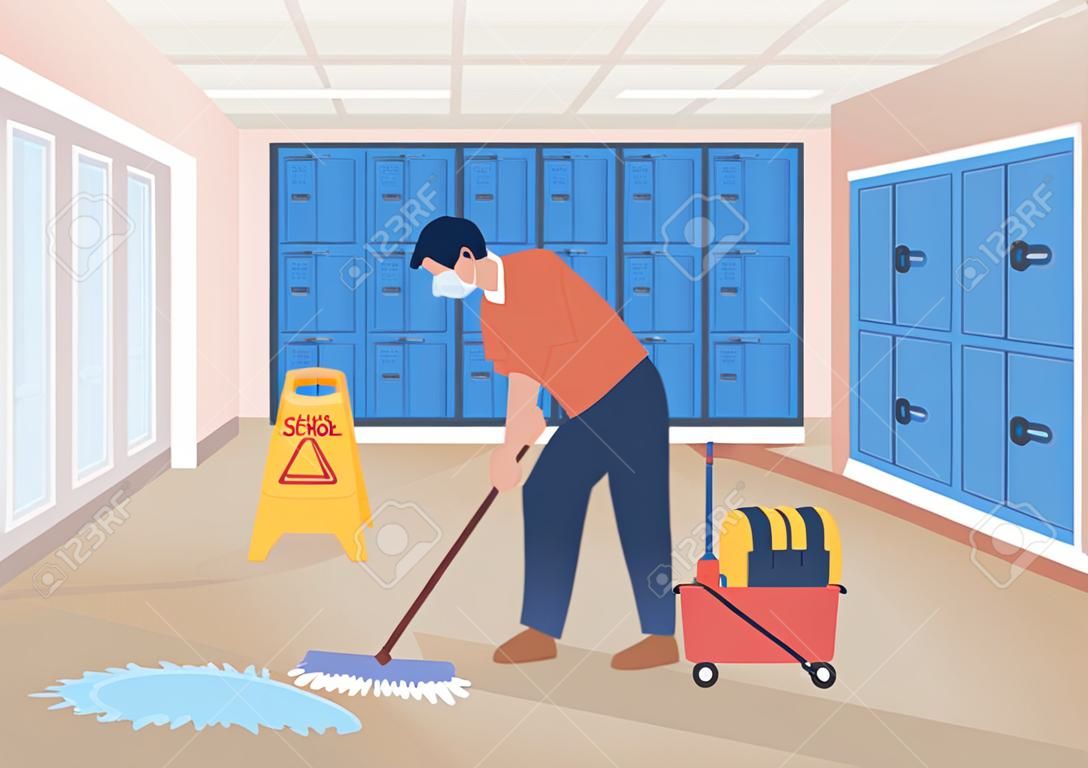 Cleaning school hall flat color vector illustration. Cleaner on sweeping job. Cleansing passageway. Janitor mopping floor 2D cartoon character with lockers row corridor on background
