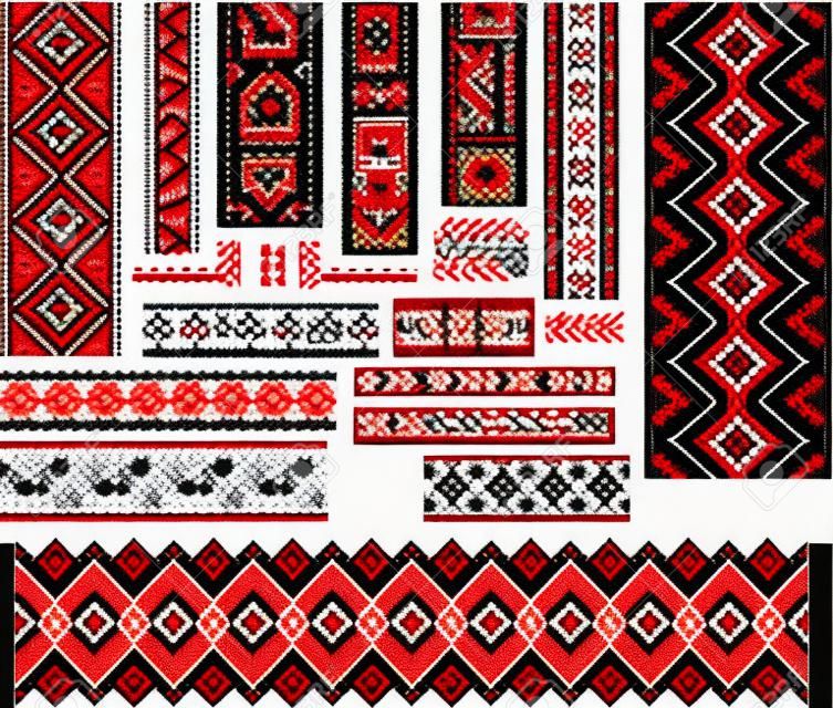 Conjunto de patrones étnicos de Ucrania para la puntada del bordado en rojo y negro. Editable.