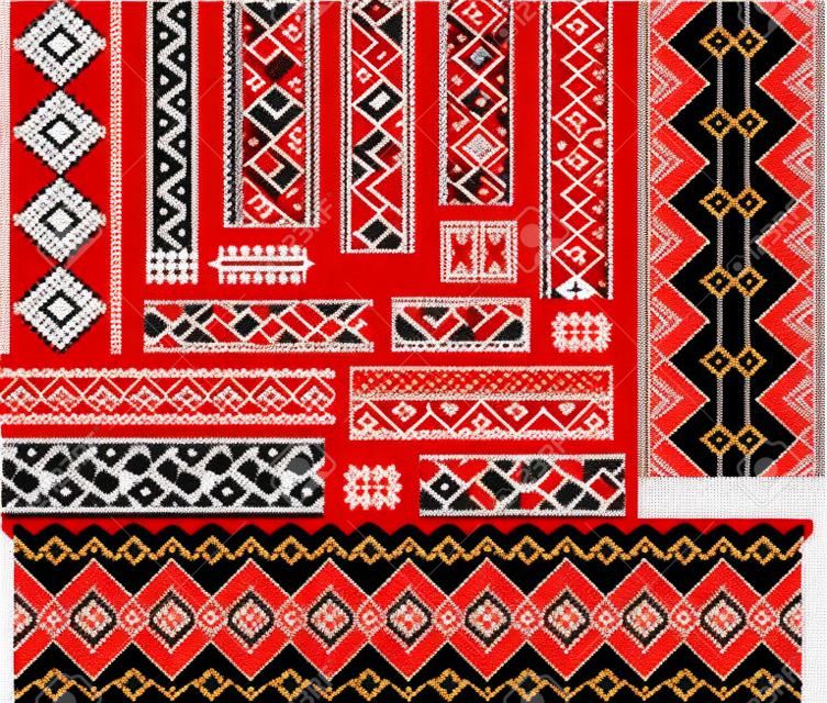 Zestaw wzorów etnicznych ukraińskich haftu krzyżykowego w na czerwony i czarny. Edytowalne.