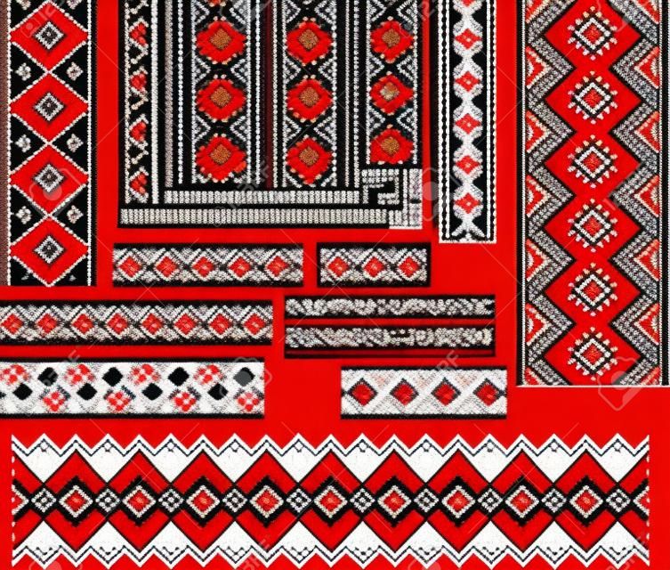 Conjunto de patrones étnicos de Ucrania para la puntada del bordado en rojo y negro. Editable.