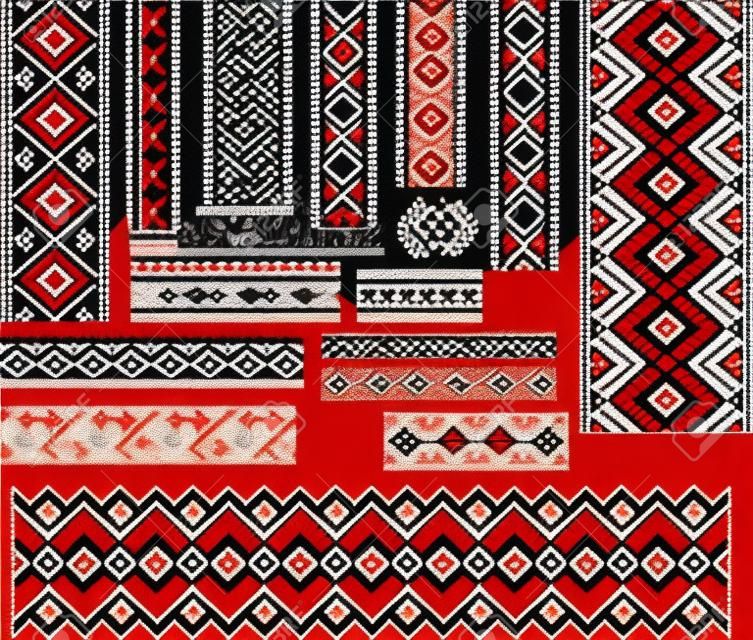 Serie di modelli etnici ucraine per ricami a punto in rosso e nero. Modificabile.