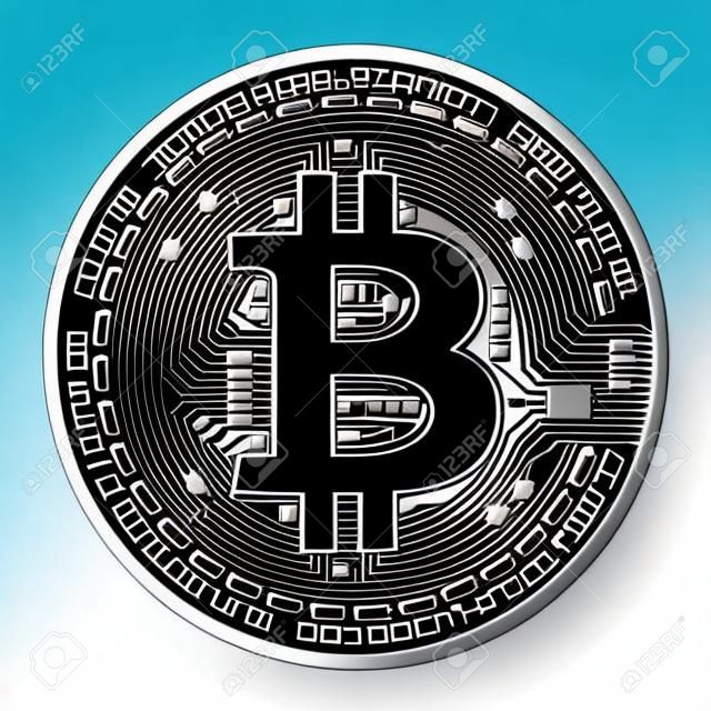 Schwarze Währung der Kryptowährung mit dem schwarzen fehlenden Bitcoin-Symbol auf der Vorderseite lokalisiert auf weißem Hintergrund. Vektorillustration