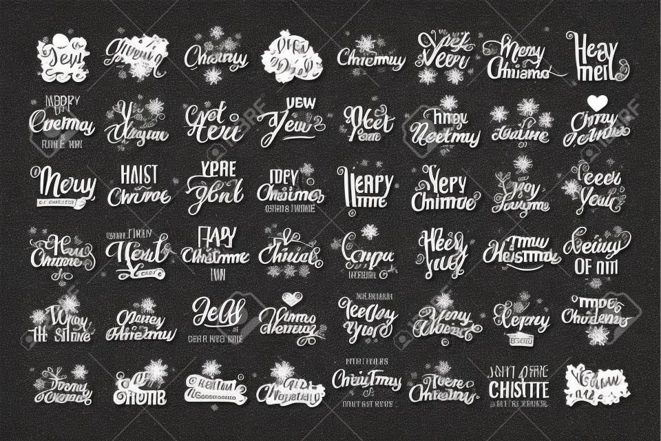 Christmas, 2021 New Year lettering bundle. Vector clip art collection of abel, emblem, text design templates with winter holiday doodles. Festive quotes Happy New Year, Merry Christmas, Best wishes.