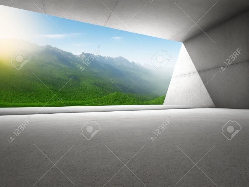 Representación 3D de una habitación de hormigón vacía con una gran ventana sobre el fondo de la montaña
