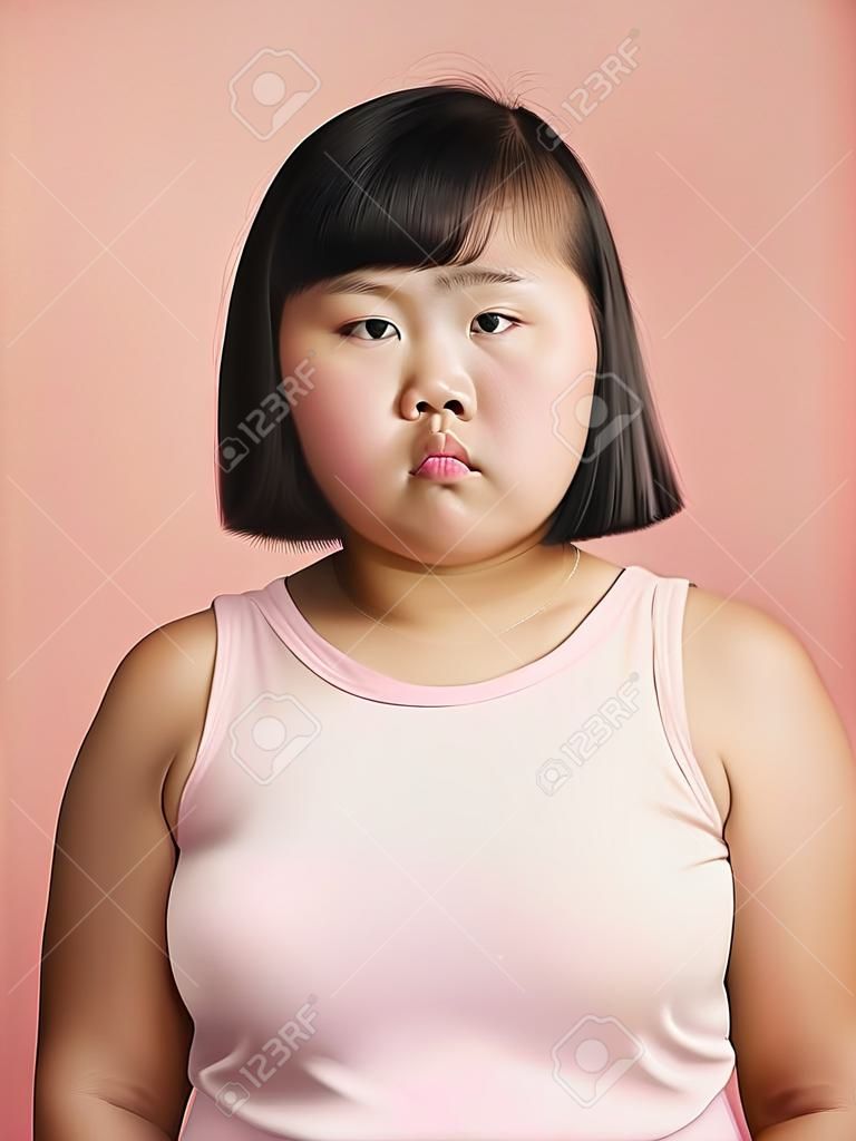 Portrait of fat Asian girl in pink dress over pink background.