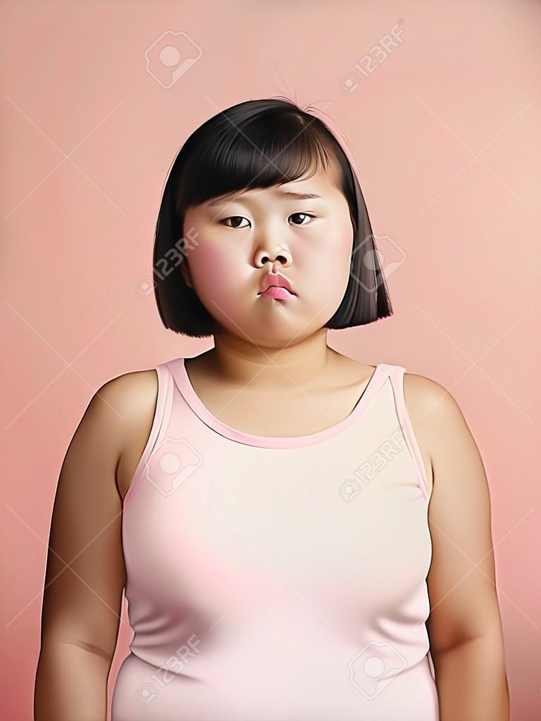 Portrait of fat Asian girl in pink dress over pink background.