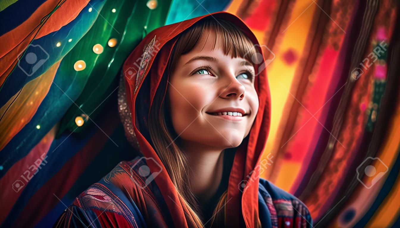 Ritratto di una giovane e bella donna in un abito colorato e luminoso