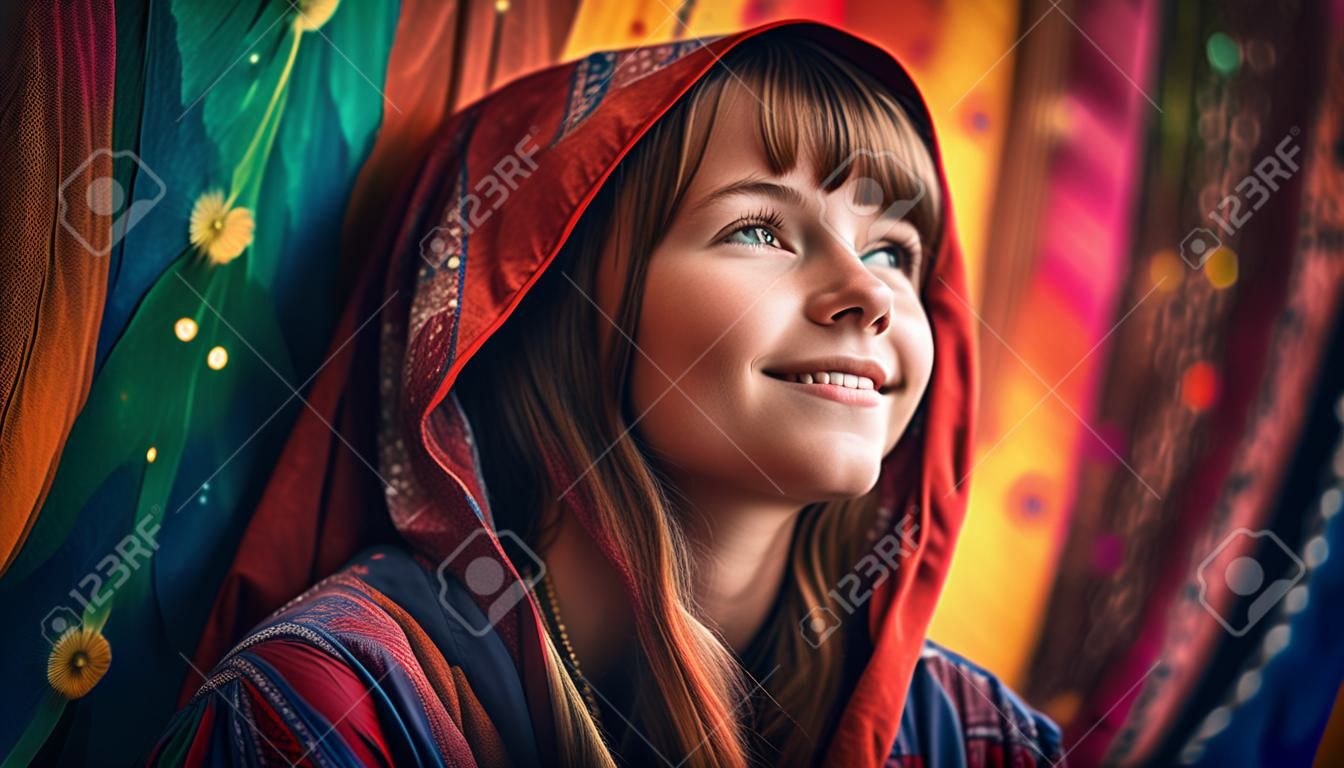 Retrato de una hermosa joven con un vestido colorido brillante