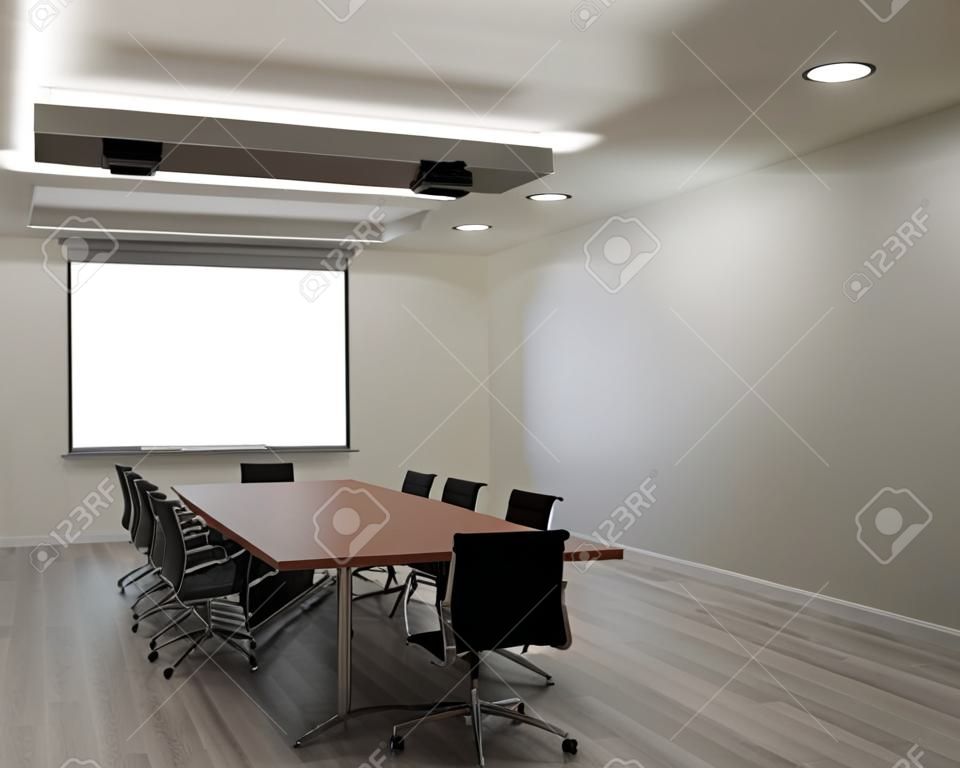 Sala konferencyjna z białą ścianą, drewnianą podłogą, projektorem do kopiowania przestrzeni 3d renderowania