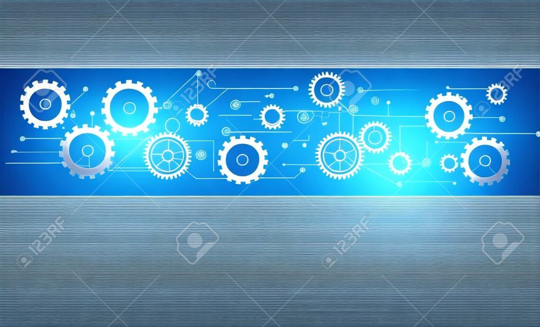 抽象的な未来、ギヤ車輪と背景のブルーの色の矢印記号のストライプ ライン プリント回路基板パターンをベクトルします。薄い灰色背景デザインの空白に