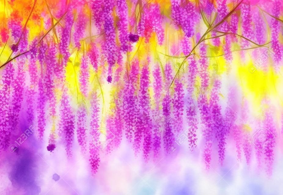 Flores abstratas de cor violeta, vermelha e amarela. Pintura aquarela. Flores roxas primavera Wisteria em flor com fundo bokeh