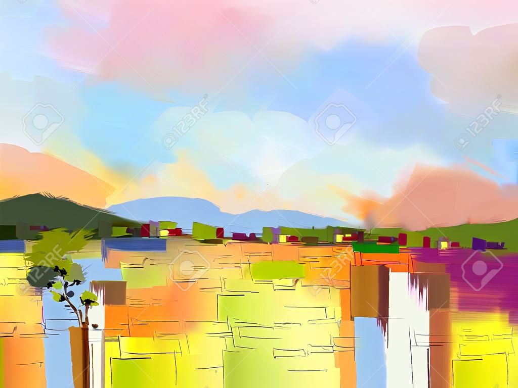 在畫布上五顏六色抽象油畫風景。黃小山和領域，綠色與藍天的半抽象的形象。春暖花開的季節自然背景