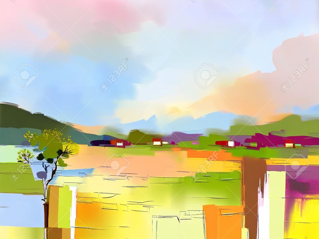 Paisaje abstracto pintura al óleo sobre lienzo de colores. Semi imagen abstracta de la colina y el campo en amarillo y verde con el cielo azul. temporada de primavera naturaleza de fondo