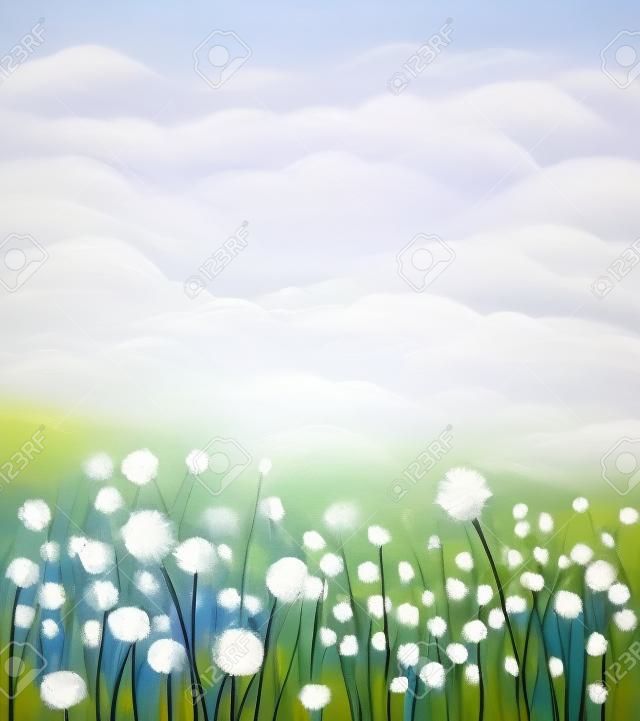 Yumuşak renk Özet yağlıboya beyaz çiçekler alanı. Çayırlarda yağlıboya beyaz karahindiba çiçeği. Arka planda yeşil bir tepenin - mavi ile Bahar çiçek mevsimlik doğası.
