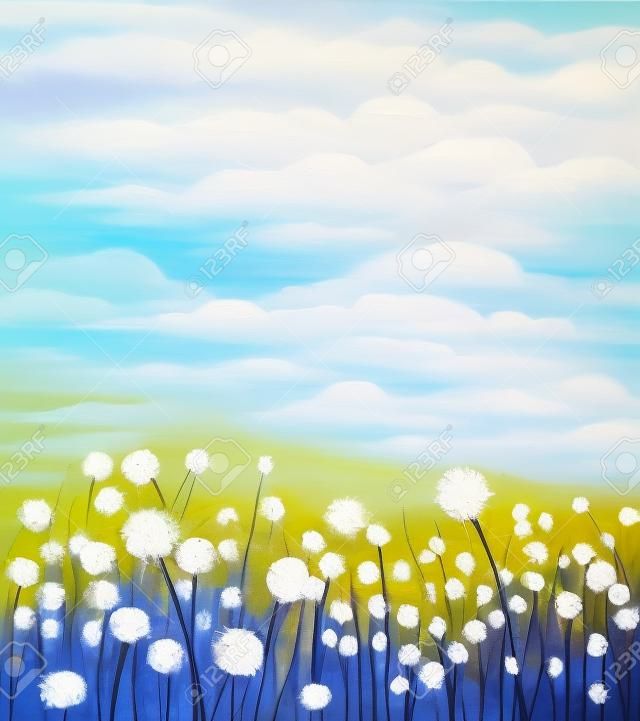 Resumen pintura al óleo campo de flores blancas en color suave. Pinturas al óleo diente de león blanco de flores en los prados. Primavera naturaleza estacional floral con azul - colina verde en el fondo.