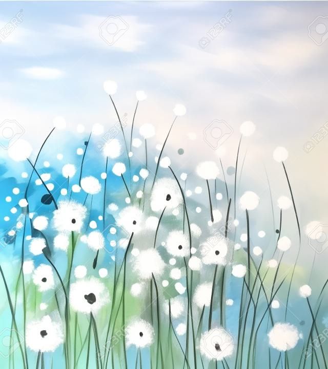 Abstraktes Ölgemälde weiße Blumen Feld in sanften Farben. Ölgemälde weiße Löwenzahn-Blumen auf den Wiesen. Spring floral Saisonalität mit blauen -grün Hügel im Hintergrund.