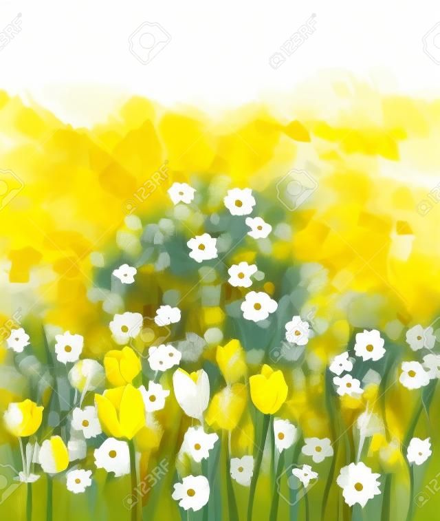 Oil painting field of yellow tulip and white daisy flowers .Hand Painted floral in soft color and blurred style .Spring floral seasonal nature green color background