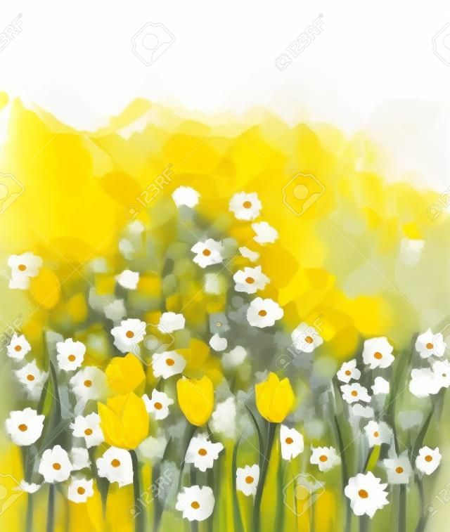 黄色のチューリップと白いデイジーの花の油絵のフィールドです。手の塗装が柔らかい色とぼやけたスタイルの花。春の花の季節自然緑色の背景