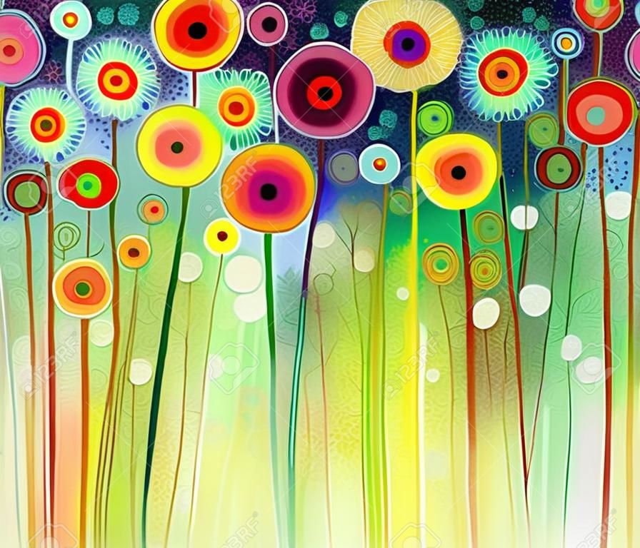 Résumé peinture florale d'aquarelle. Peint à la main jaune et rouge des fleurs dans une douce couleur verte sur fond de couleur. Peintures de fleurs abstraites dans les prés. Printemps fleur nature saisonnière de fond