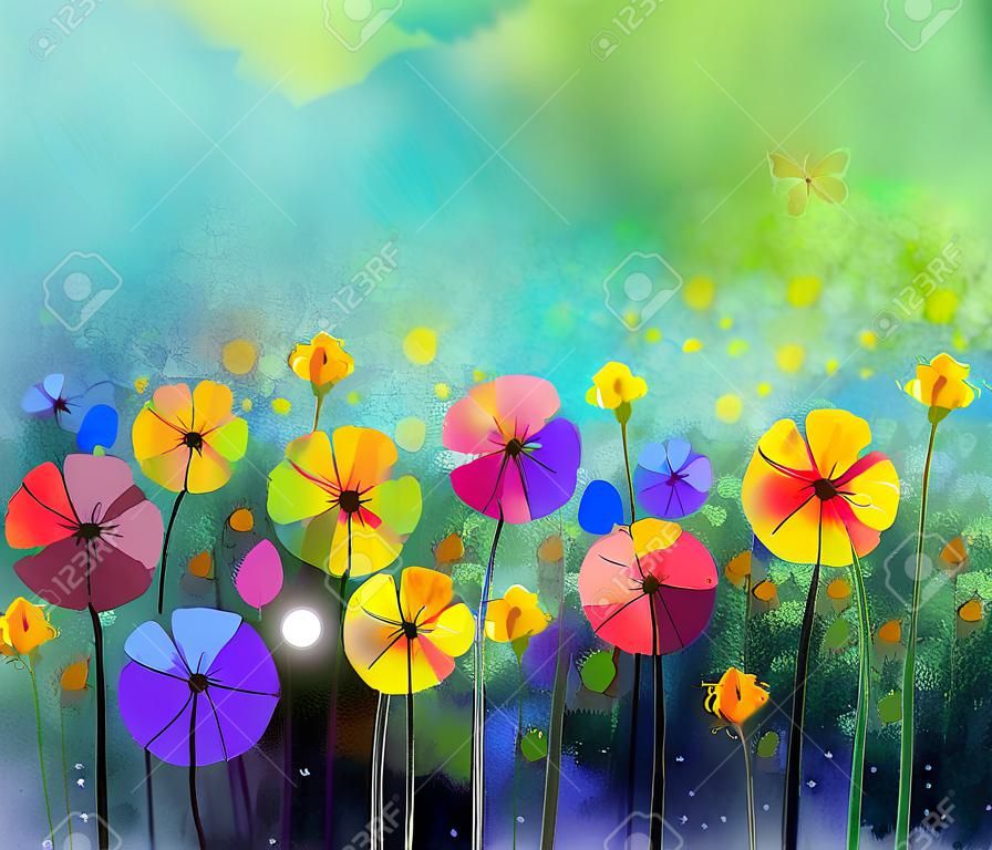 抽象的な花の水彩画。手描きのグリーン色の背景上の柔らかい色に黄色と赤の花。牧草地の花の絵を抽象化します。春の花、季節の自然の背景