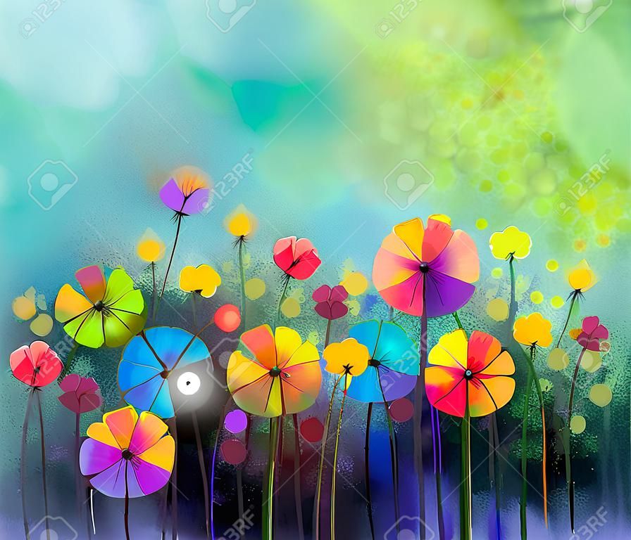 Özet çiçek suluboya. El yeşil renk zemin üzerine yumuşak renk Sarı ve Kırmızı çiçekler boyalı. Çayırlarda Özet çiçek resimleri. Bahar çiçek mevsimlik doğa arka plan