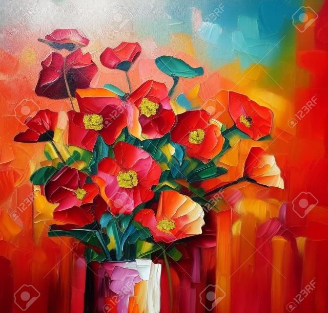 Pintura a óleo - ainda vida de flor de cor vermelha e rosa. Buquê colorido de papoulas flores em um vaso. Cor de fundo verde e azul. Pintura à mão floral estilo impressionista.