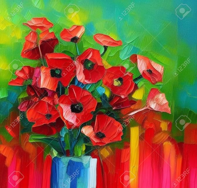 油画静物静物红与粉红花彩色花束罂粟花花瓶色绿底蓝背景手绘手绘花卉风格