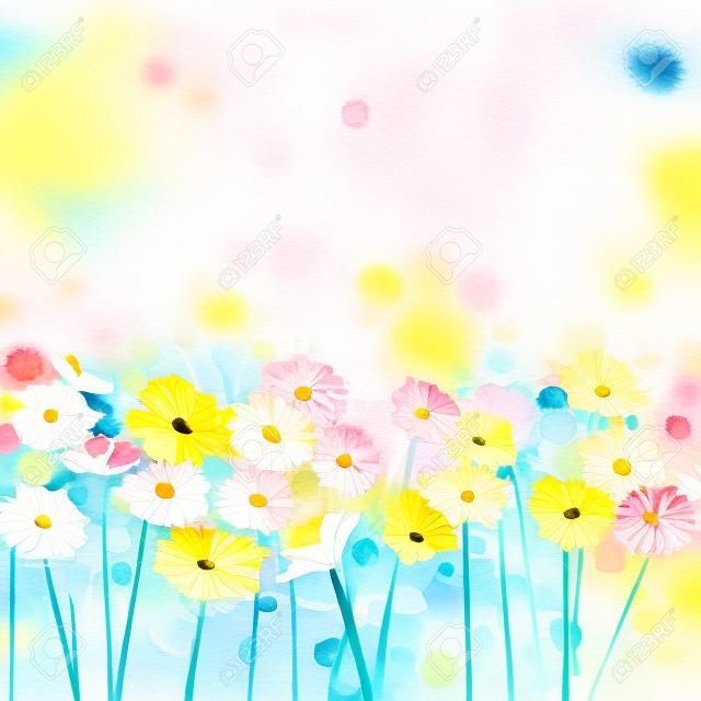 抽象花卉水彩畫。手感漆白色，黃色，粉紅色和菊花非洲菊花朵紅顏色柔和色藍綠色的顏色background.Spring花的季節自然背景