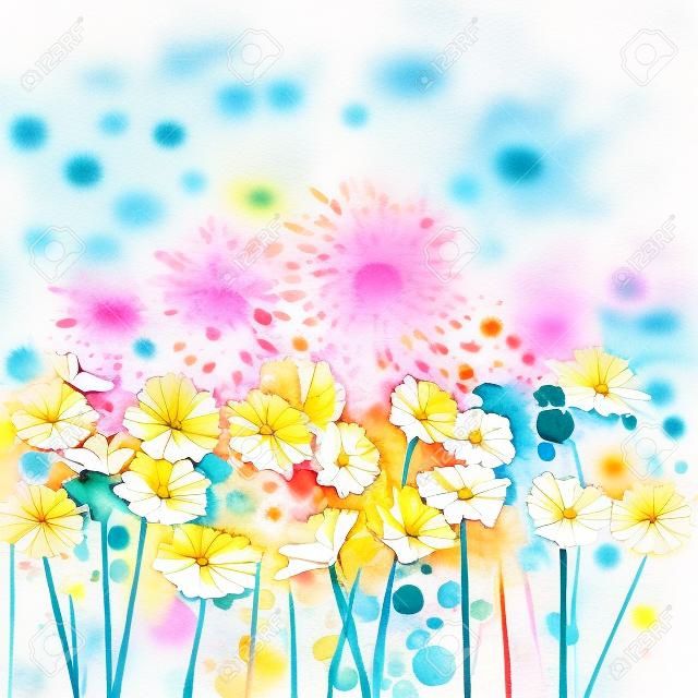Абстрактные цветочные акварели. Рука краска белый, желтый, розовый и красный цвет daisy- цветы герберы в мягкий цвет на сине-зеленый цвет background.Spring цветок сезонный фоне природы