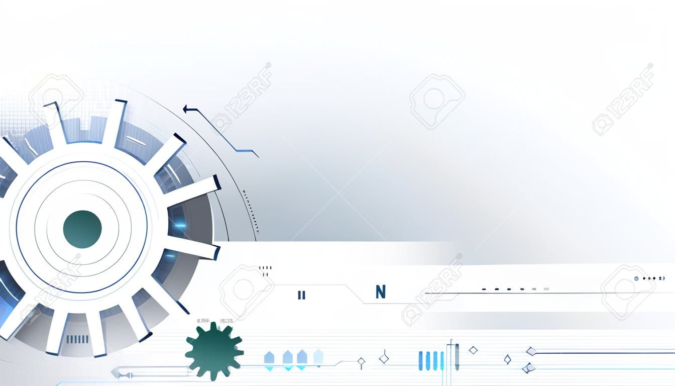 futuristic technology background, 3d white paper gear wheel on circuit board. Illustration hi-tech, engineering, digital telecoms concept. With space for content, web template, business tech presentation.