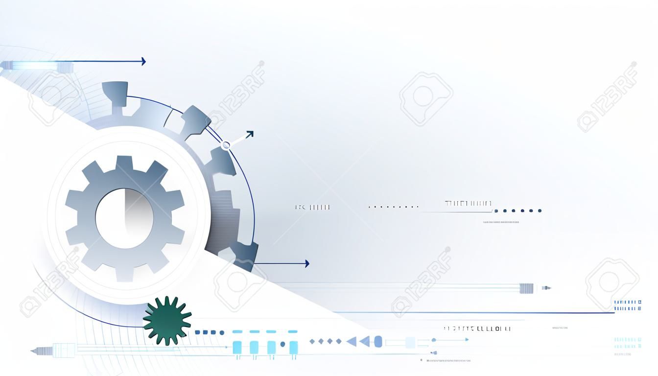 futuristic technology background, 3d white paper gear wheel on circuit board. Illustration hi-tech, engineering, digital telecoms concept. With space for content, web template, business tech presentation.