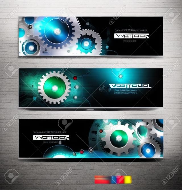 Vector abstract gear wheel and circuit board, banners set. High tech technology and engineering background, machine technology futuristic concept. Vector technology for web banner template or brochure