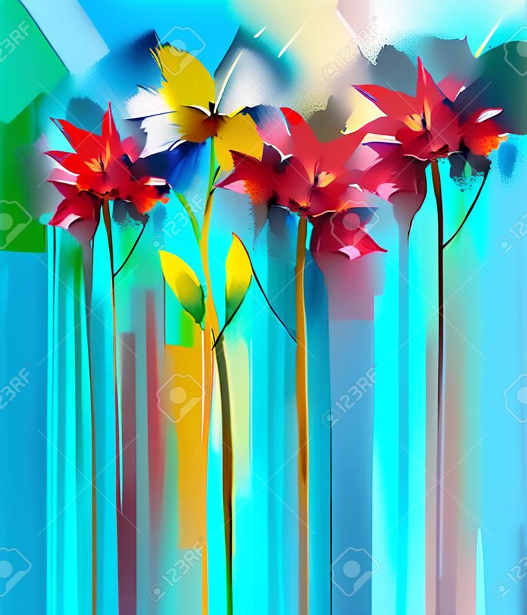 Abstrakte Blumenölfarbmalerei. Handbemalte gelbe und rote Blumen in der weichen Farbe. Blumenbilder auf grünem und blauem Farbhintergrund. Saisonaler Naturhintergrund der Frühlingsblume.