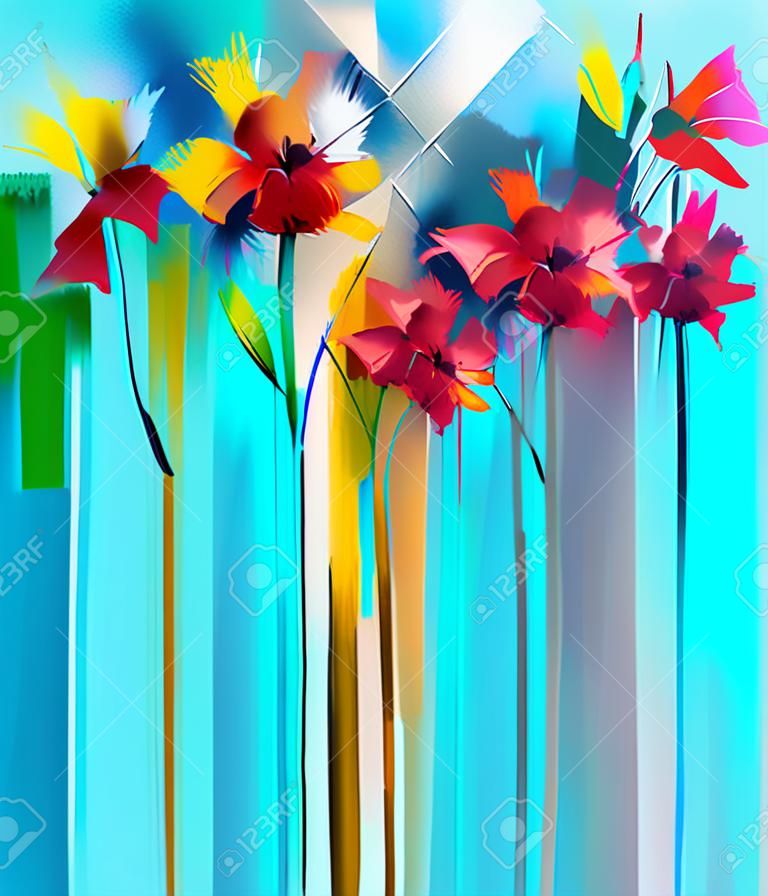 Abstrakte Blumenölfarbmalerei. Handbemalte gelbe und rote Blumen in der weichen Farbe. Blumenbilder auf grünem und blauem Farbhintergrund. Saisonaler Naturhintergrund der Frühlingsblume.