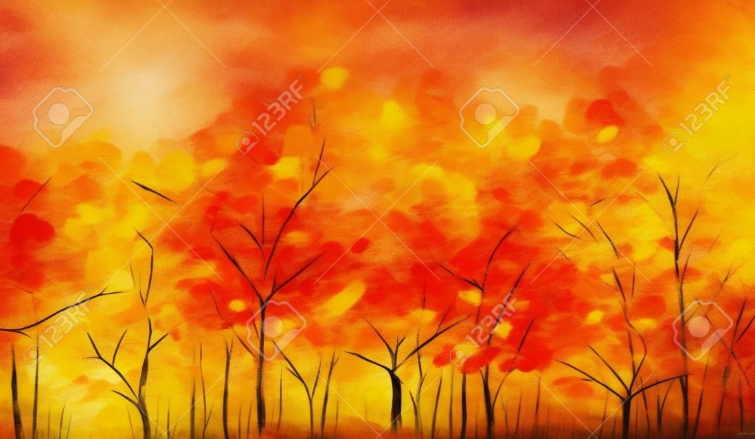 Ilustracyjny kolorowy jesień las. abstrakcyjny obraz sezonu jesiennego, żółtego i czerwonego liścia na drzewie, polu, łące, krajobrazie zewnętrznym. malowanie natury farbami olejnymi. sztuka współczesna na tle tapety