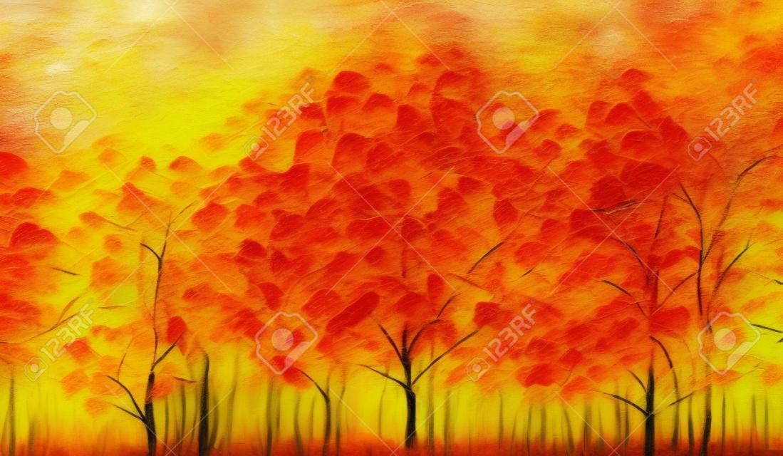 Ilustracyjny kolorowy jesień las. abstrakcyjny obraz sezonu jesiennego, żółtego i czerwonego liścia na drzewie, polu, łące, krajobrazie zewnętrznym. malowanie natury farbami olejnymi. sztuka współczesna na tle tapety
